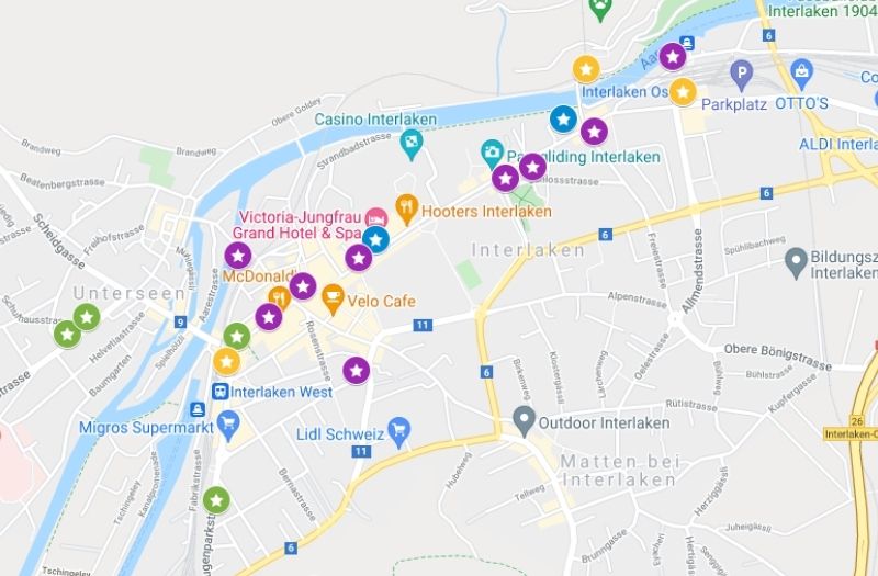 Map showing location of Interlaken hotels featured in this article