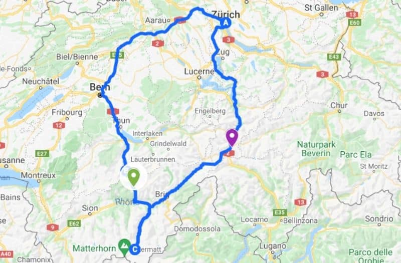 Map showing various road routes between Zurich and Zermatt