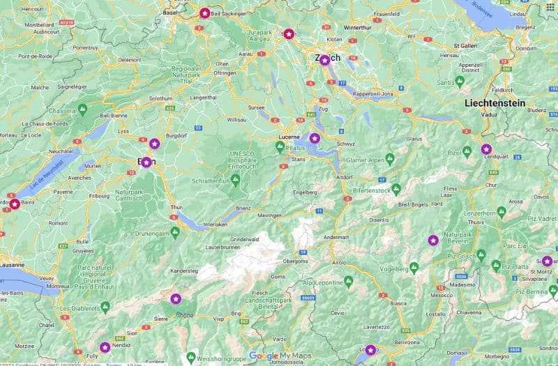 Map showing location of top ten thermal spas in Switzerland