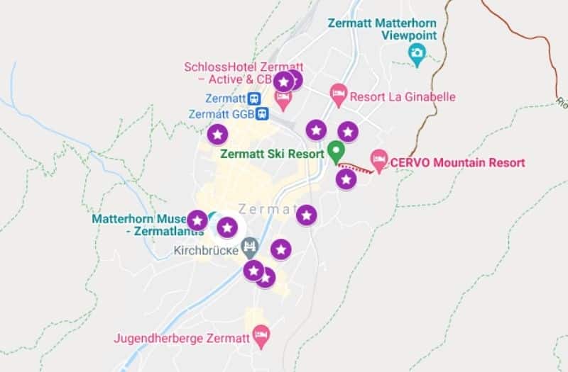 Map of hotels in Zermatt featured in this article