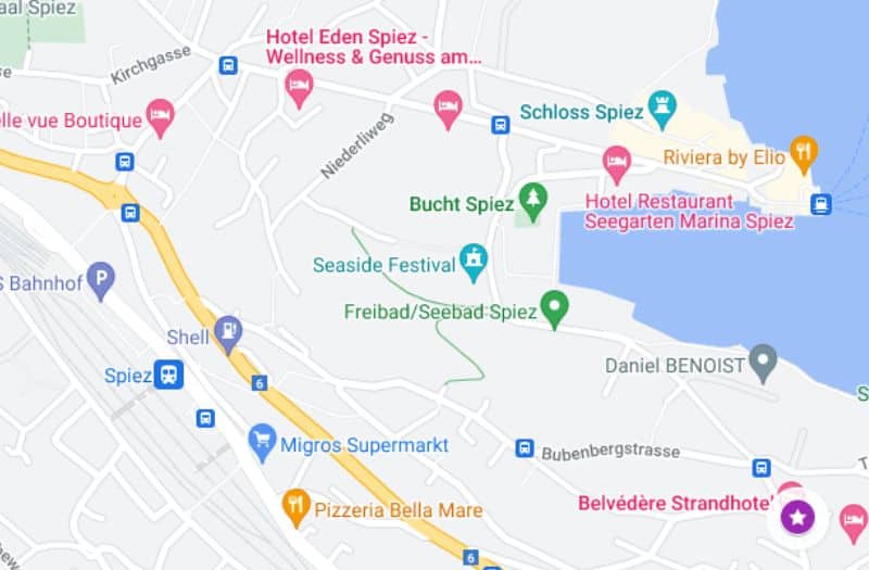 Map of Spiez, Switzerland showing the location of the Belvedere Strandhotel