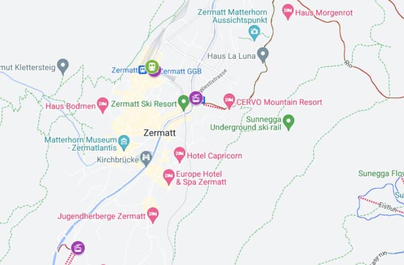 Map showing location of Zermatt mountain railway and cable car stations.