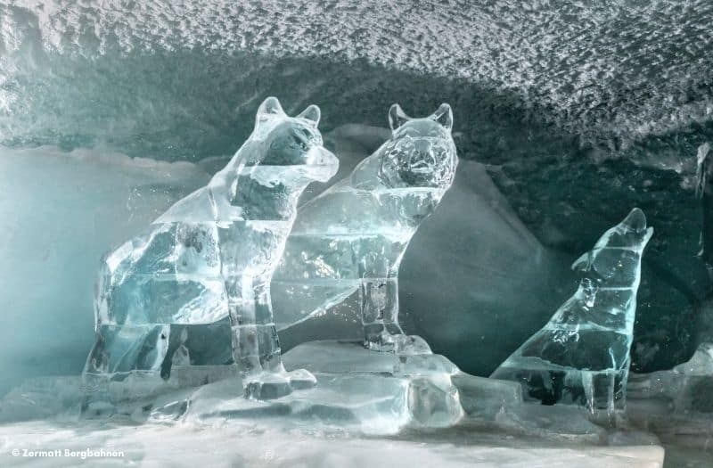 Three ice sculptures in the Glacier Palace at Matterhorn Glacier Paradise