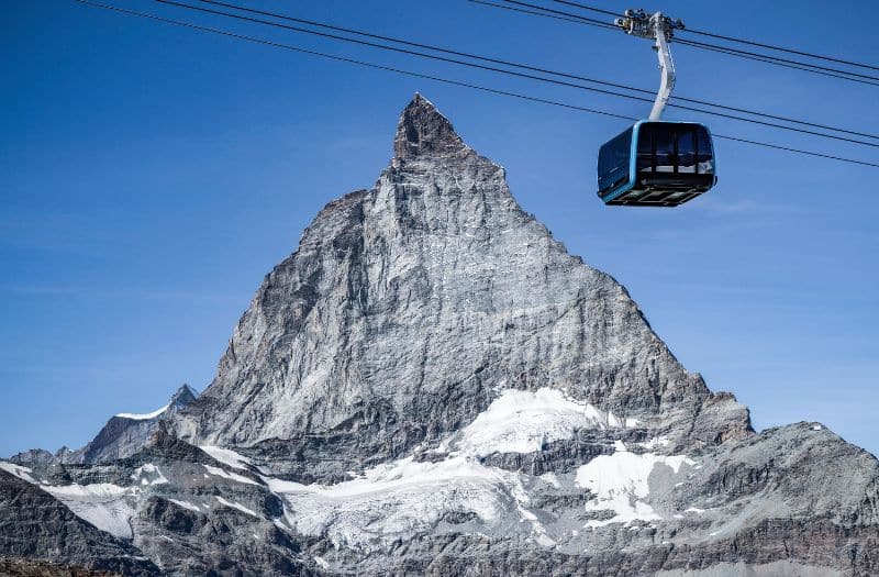 The Matterhorn Glacier Express cable car pictured in front of the Matterhorn