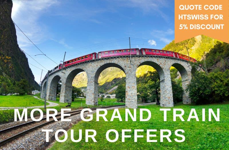 Image of Bernina Express train and promoting 5% discount of Switzerland scenic rail packages