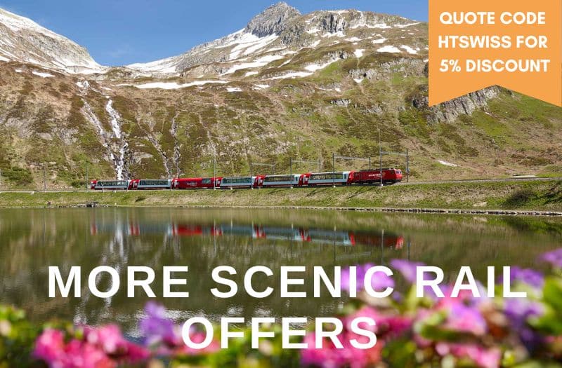 Image of Glacier Express train and promoting 5% discount of Switzerland scenic rail packages