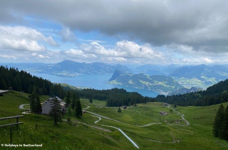 View of the Frakigaudi toboggan run at Mt. Pilatus and Lake Lucerne