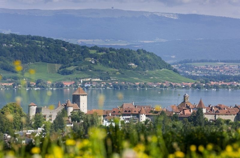 View of Murten and Lake Murten in Switzerland