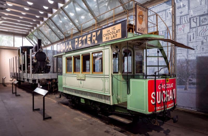 An historic tram on display at the Swiss Museum of Transport.