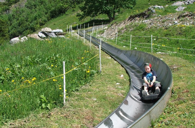 Young boy riding on Pfingstegg rodelbahn near Grindelwald in Switzerland