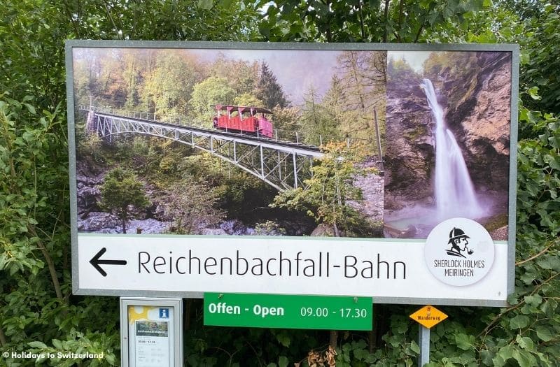 Sign advertising Reichenbach Falls funicular.