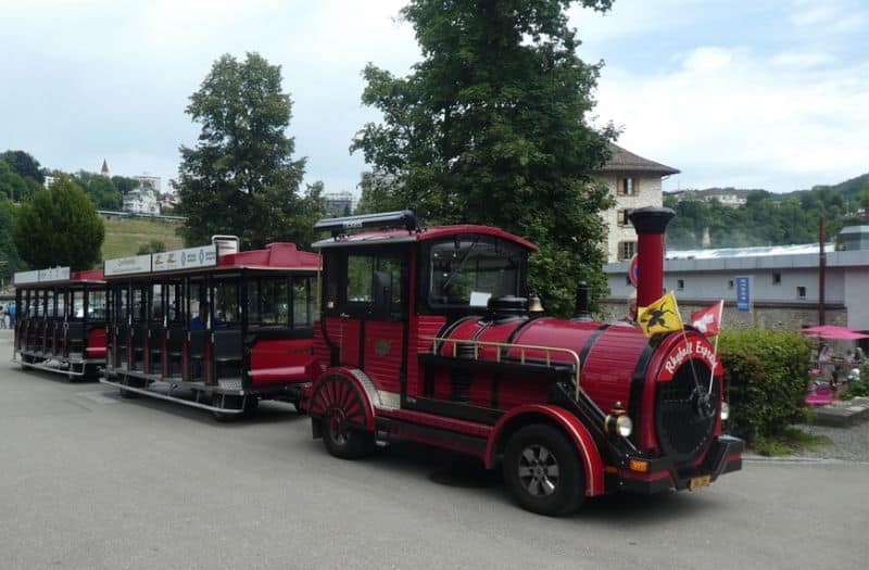 The Rhyfall Express, a mini train, which transports passengers between Schaffhausen and Rhine Falls.