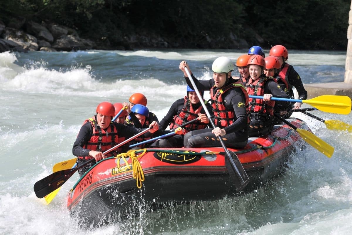 Group pf people rafting on a river