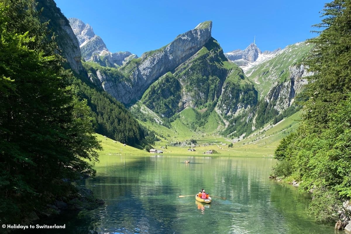 A rowboat on Seelalpsee lake in Switzerland