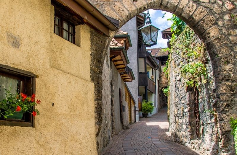 A cobbled path winds its way past houses in Saint Saphorin, Switzerland