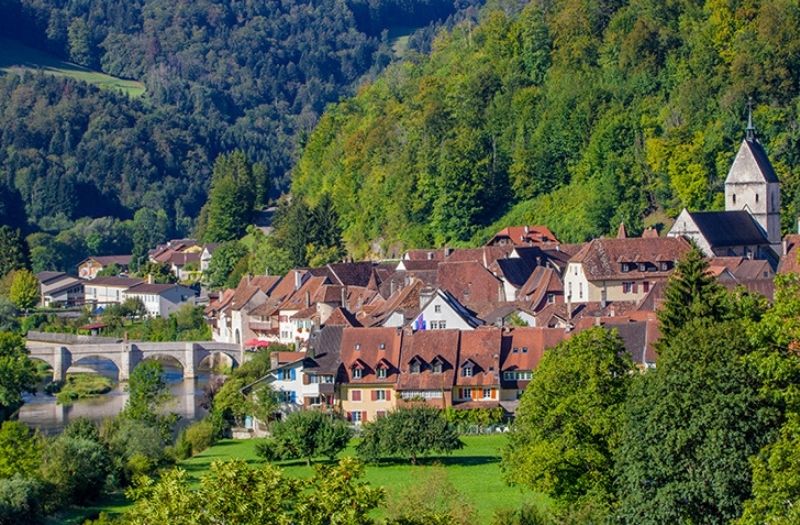 View of the village of Saint-Ursanne in Switzerland