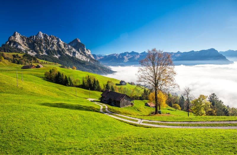 Scenic view of mountains and fog in Switzerland