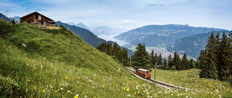 Schynige Platte cogwheel train above Lake Thun