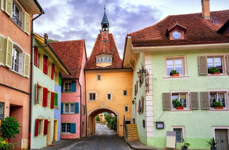 Colourful buildings in the village of Saint-Ursanne