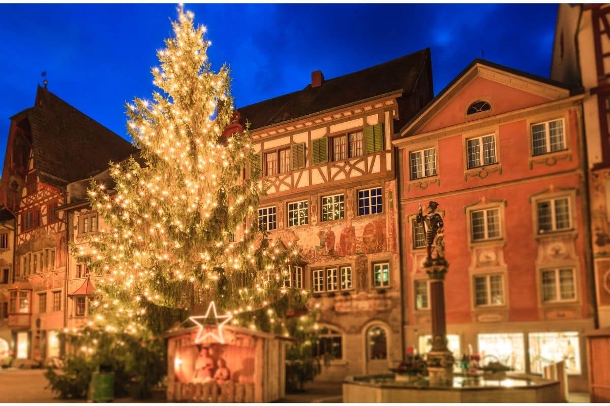 An illuminated Christmas tree in the Old Town of Stein am Rhein, Switzerland