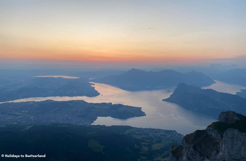 Sunrise from Pilatus Kulm overlooking Lake Lucerne.