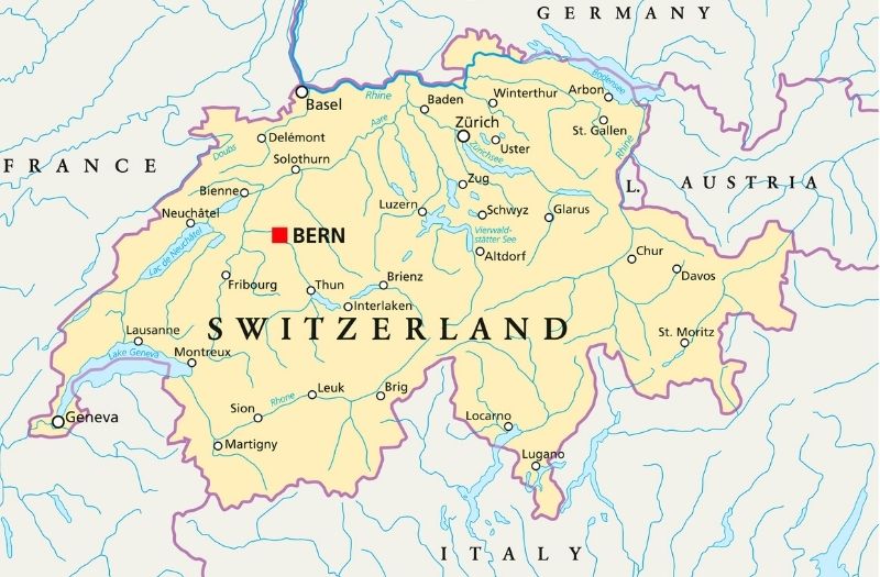 Map of Switzerland showing the location of Lake Thun.