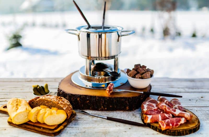 Swiss meal of Fondue with meat