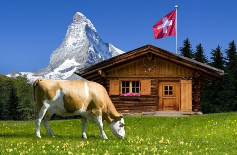 Swiss mountain hut with Matterhorn