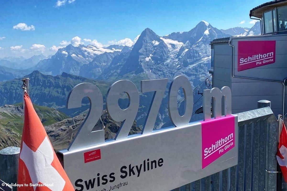 View of Eiger Monch and Jungfrau from Schilthorn Piz Gloria summit