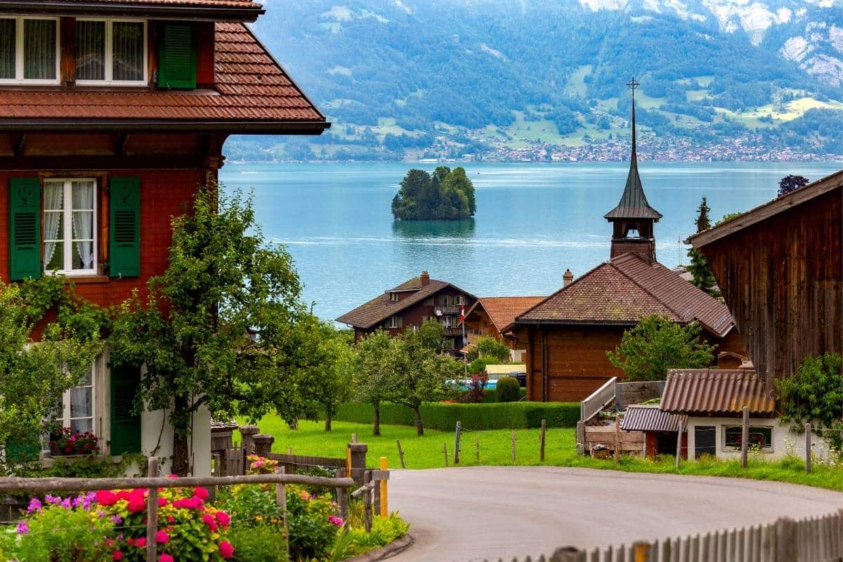 Swiss village of Iseltwald beside Lake Brienz