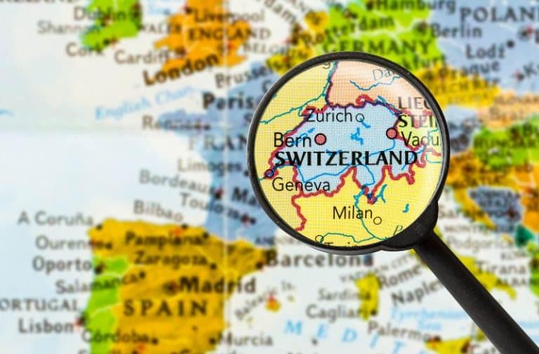 Switzerland magnified on a map of Europe