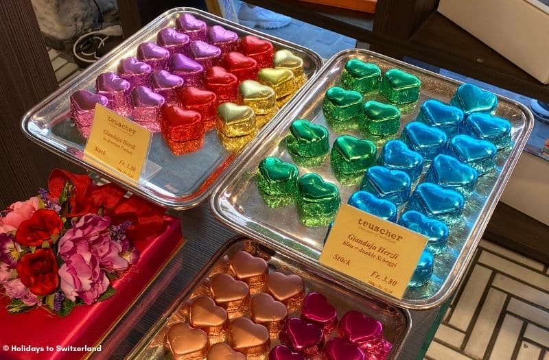 Heart-shaped chocolates at Teuscher chocolate shop in Zurich Old Town