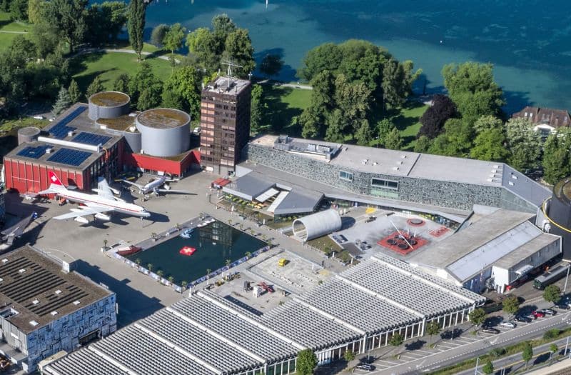 Aerial photo of the Swiss Museum of Transport which sits beside Lake Lucerne in Switzerland.