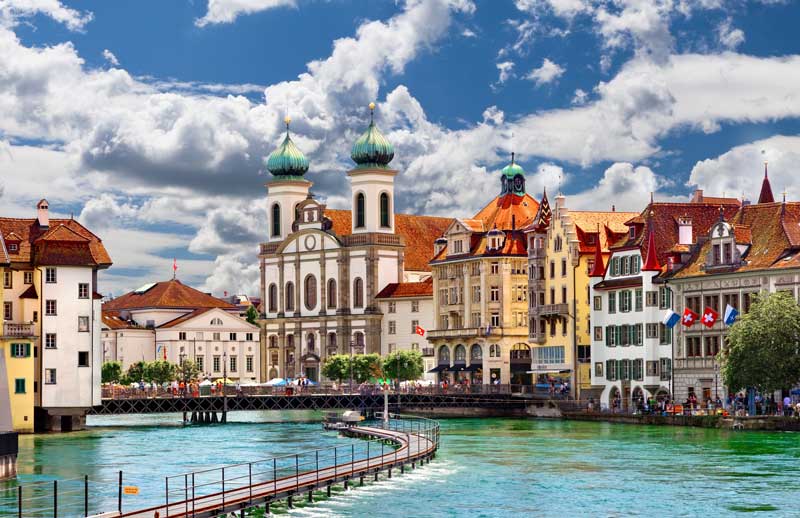 Beautiful buildings on Lake Lucerne.