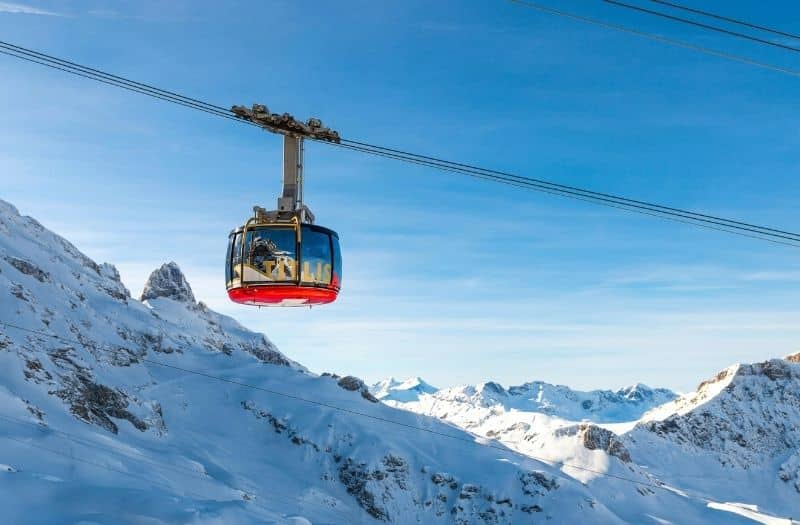 Rotair rotating cable car pictured over a snow-covered Mt. Titlis in central Switzerland