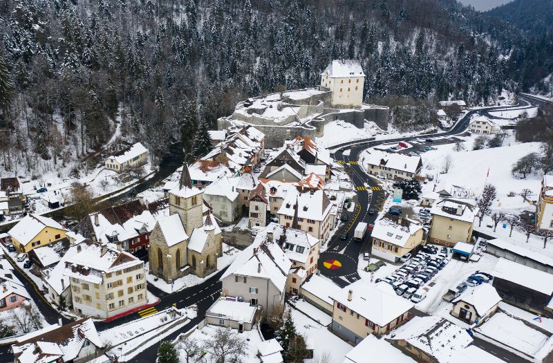 View over Valangin castle and town in winter.