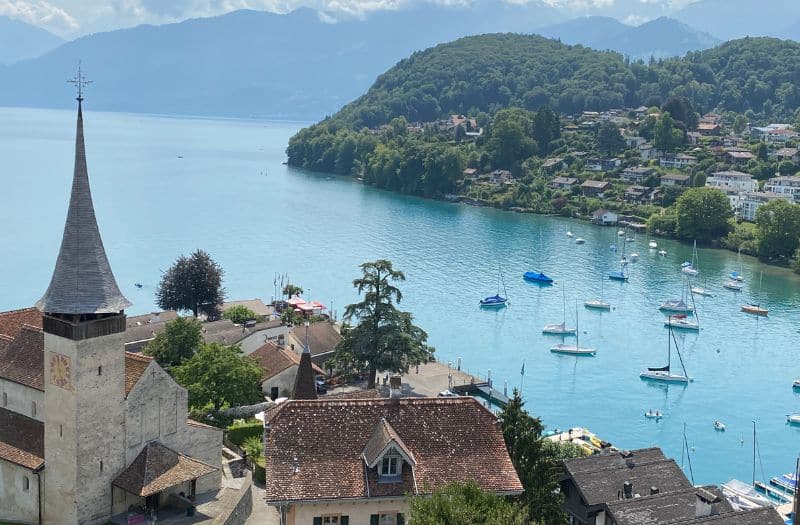 View of Lake Thun and Spiez harbour from the tower of Spiez Castle