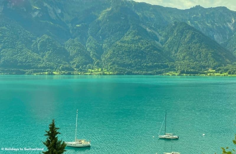 View of boats on Lake Brienz from the village of Ringgenberg.