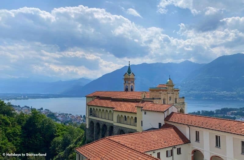 View of Madonna del Sasso convent and Lake Maggiore