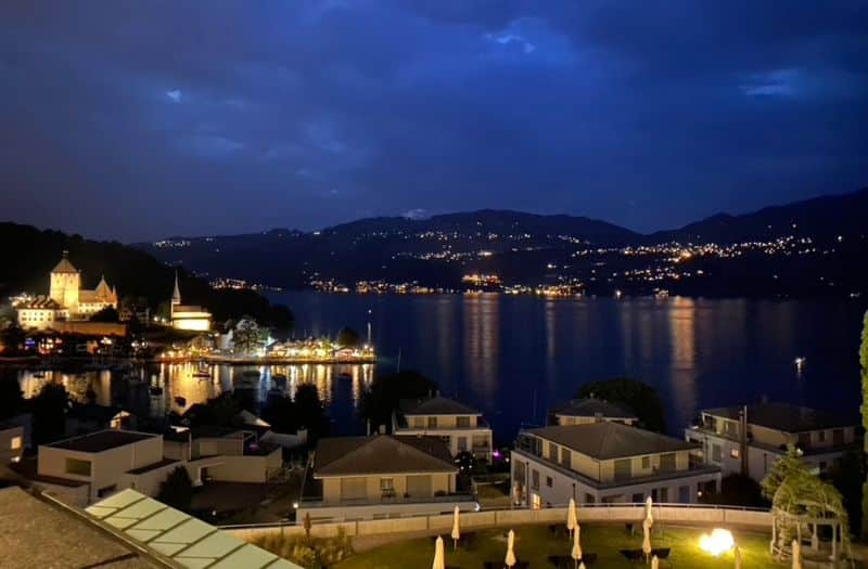 View of Spiez Castle and Lake Thun at night from Belvedere Strandhotel