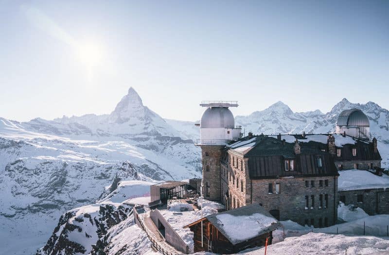 View of the Matterhorn from the viewing platform about 3100 Kulmhotel at Gornergrat during winter