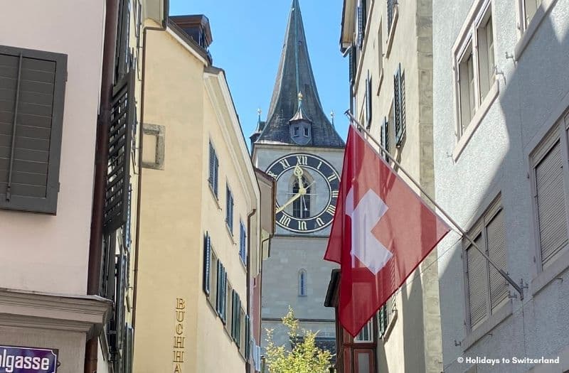 Zurich Old Town with view to St Peters church and clock