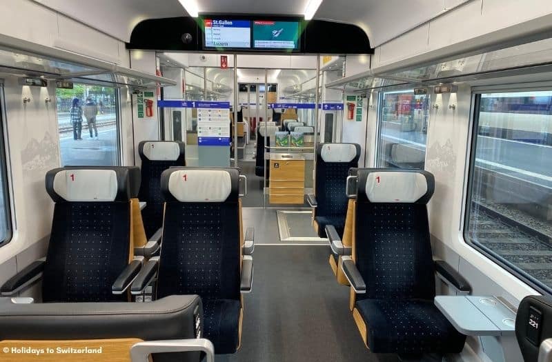 Interior of 1st class carriage on Voralpen Express train in Switzerland