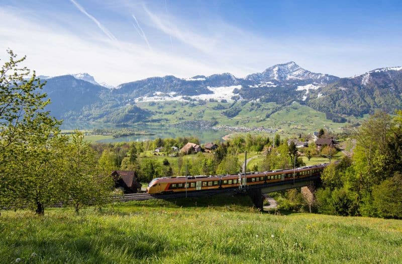 Voralpen Express train passing through lush green fields in Switzerland