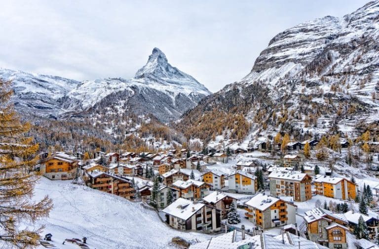 Winter view of Matterhorn with village of Zermatt in foreground