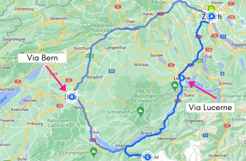 Map showing the different routes between Zurich and Grindelwald