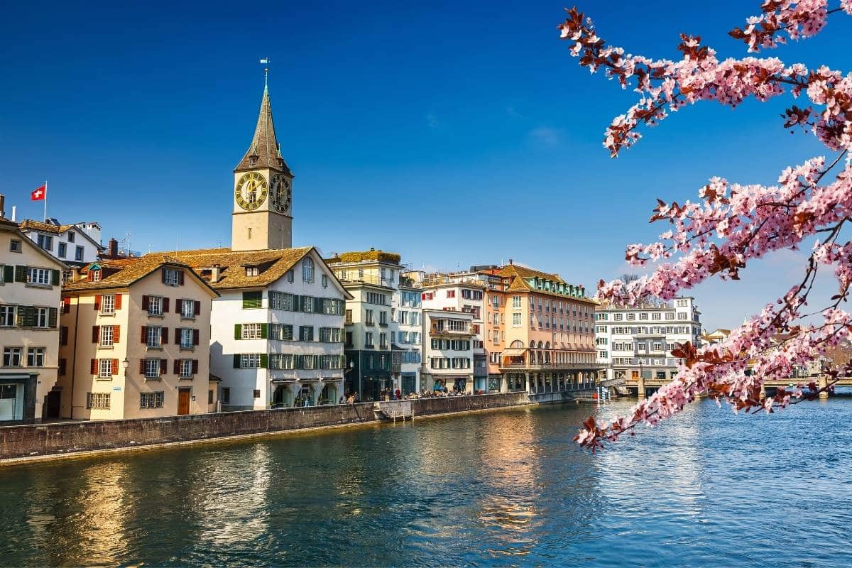 View of River Limmat and old buildings in Zurich Switzerland