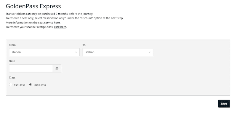 Screenshot from seat reservation booking area on the GoldenPass Express website.