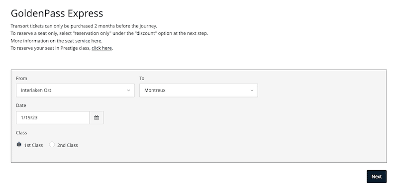 Screenshot from seat reservation booking area on the GoldenPass Express website.