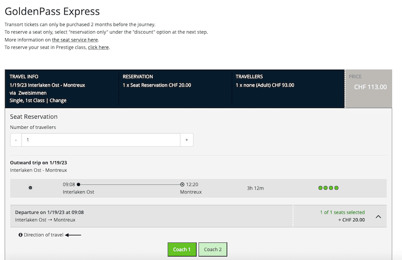 Screenshot from seat reservation booking area on the GoldenPass Express website.